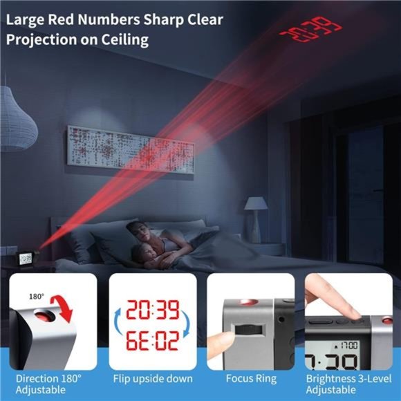 Projection Clock with Power Adapter and USB Cable for Bedroom Ceiling Wall - Picture 3 of 5